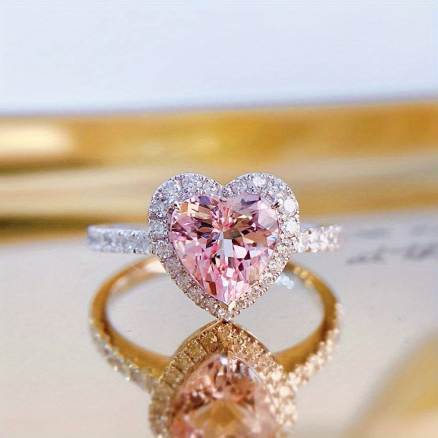 Anillo de Mujer Inoxidable con Circonias y Corazón Rosa