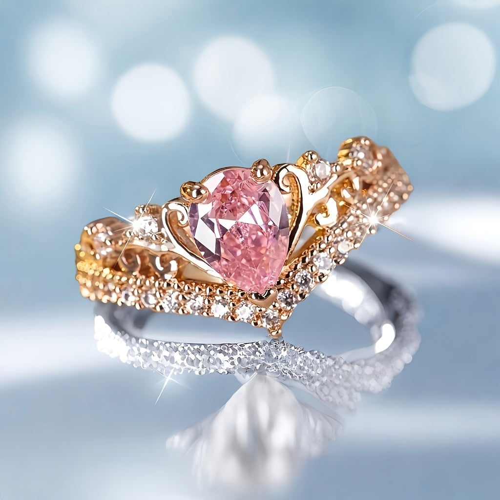 Anillo Princesa Corona Dorado con Piedra Rosa y Circonias