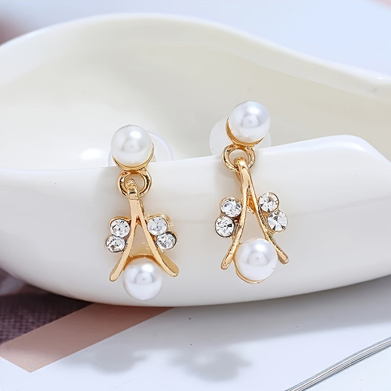 Set Joyería Dorada con Perlas y Cristales – Collar Aretes y Pulsera Elegantes - Collares