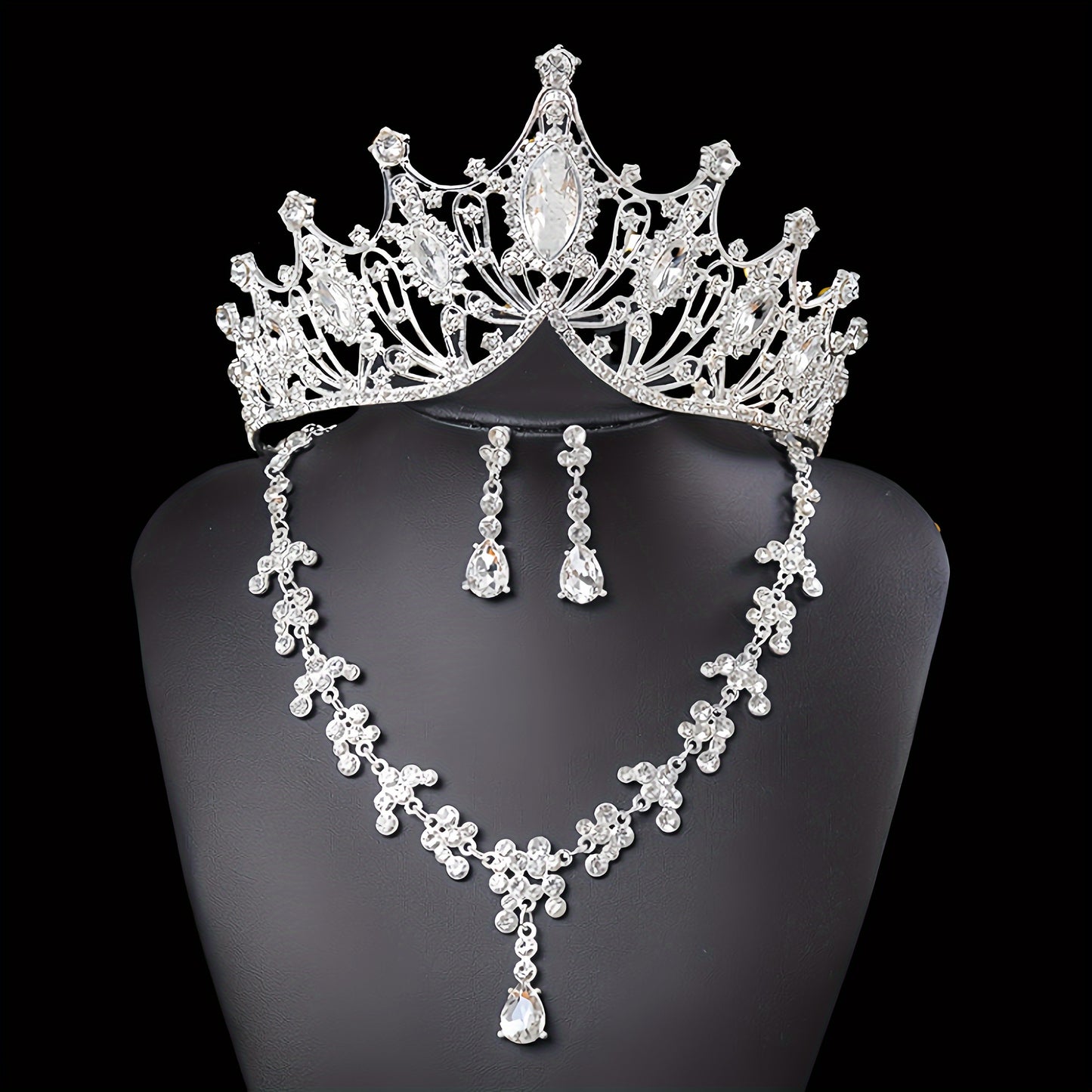 Set Corona Quinceañera👑Tiara Collar Aretes - Plateado - Set Corona