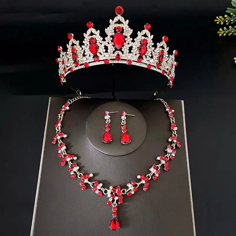 Conjunto De Collar Aretes y Tiara 3 Piezas - Rojo