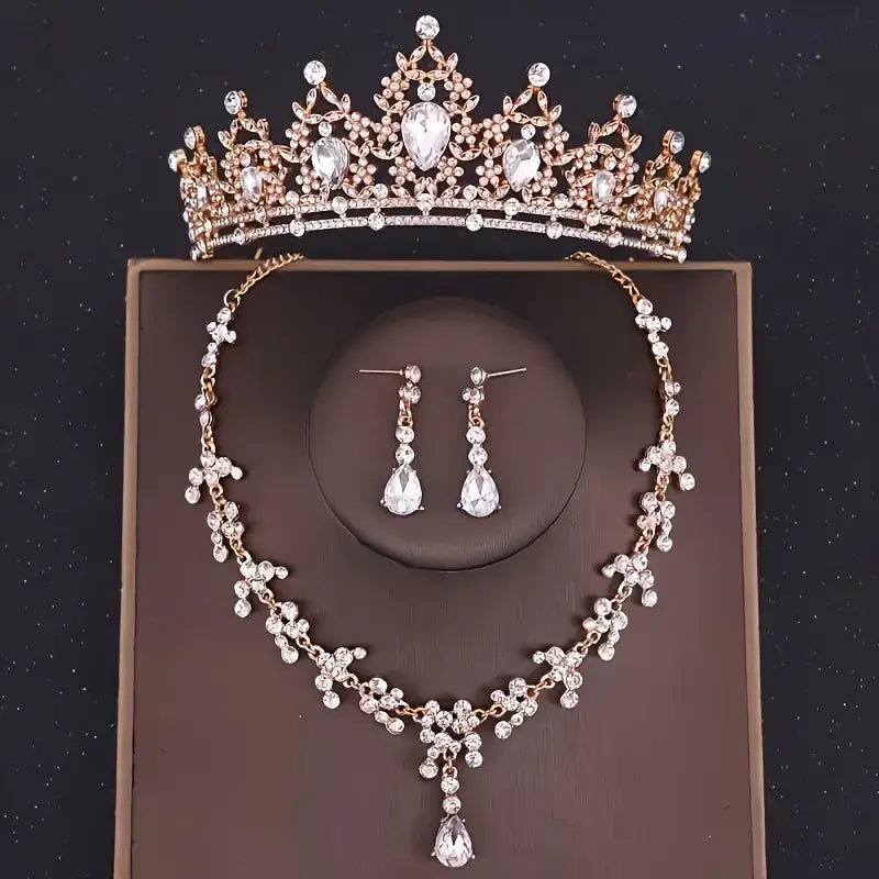 Set Corona 15 Años👑✨Tiara Collar Aretes Elegancia Quinceañera - Dorado - Corona