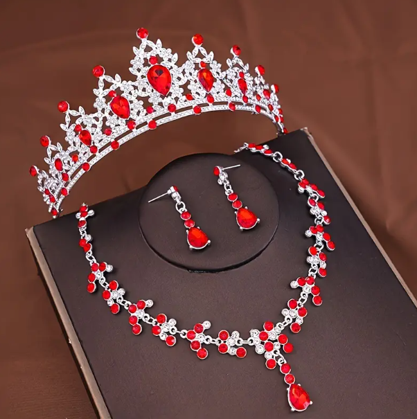 Set Corona 15 Años👑✨Tiara Collar Aretes Elegancia Quinceañera - Rojo - Plateado - Corona
