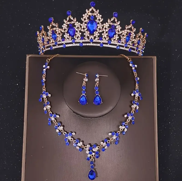 Set Corona 15 Años👑✨Tiara Collar Aretes Elegancia Quinceañera - Azul - Corona