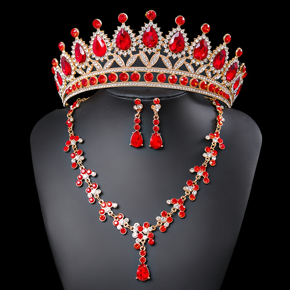Set Corona Quinceañera👑Elegante Tiara Collar Aretes - Rojo - Set Corona