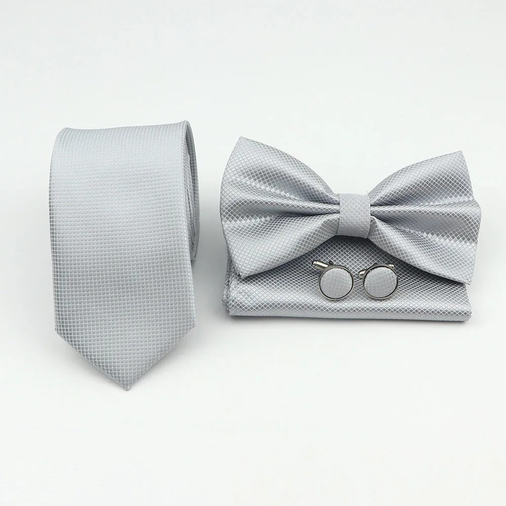 Kit Corbata Corbatín Pañuelo Y Mancornas - Plateado - Kit corbata