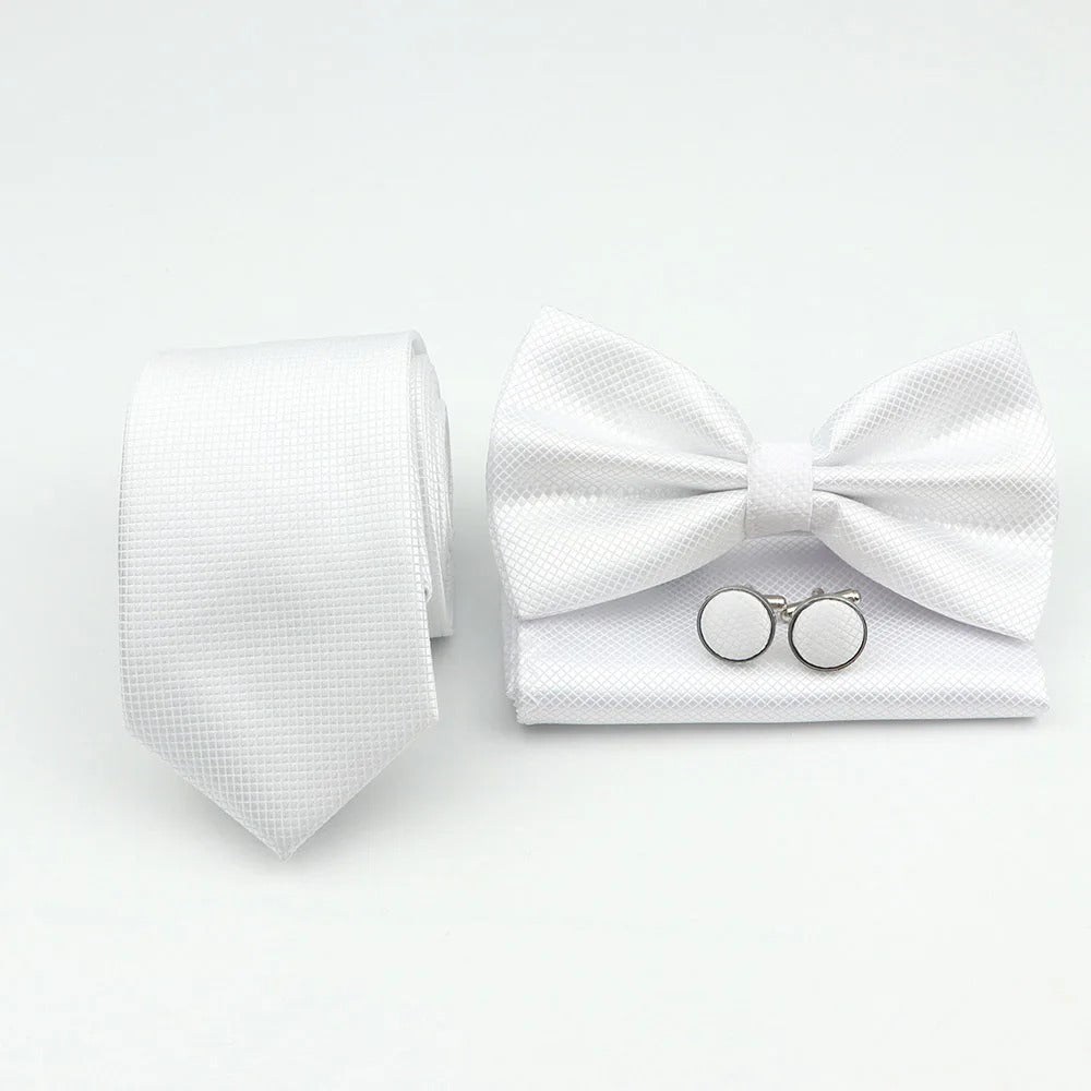Kit Corbata Corbatín Pañuelo Y Mancornas - Blanco - Kit corbata