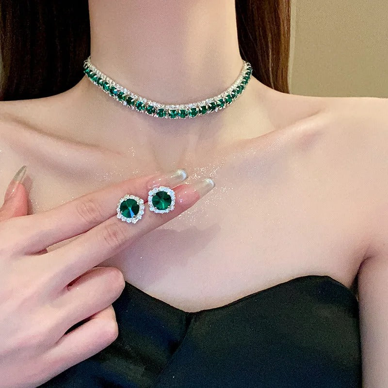Set Collar y Aretes Verde Esmeralda con Cristales – Joyería Fina para Eventos y Bodas - Collares