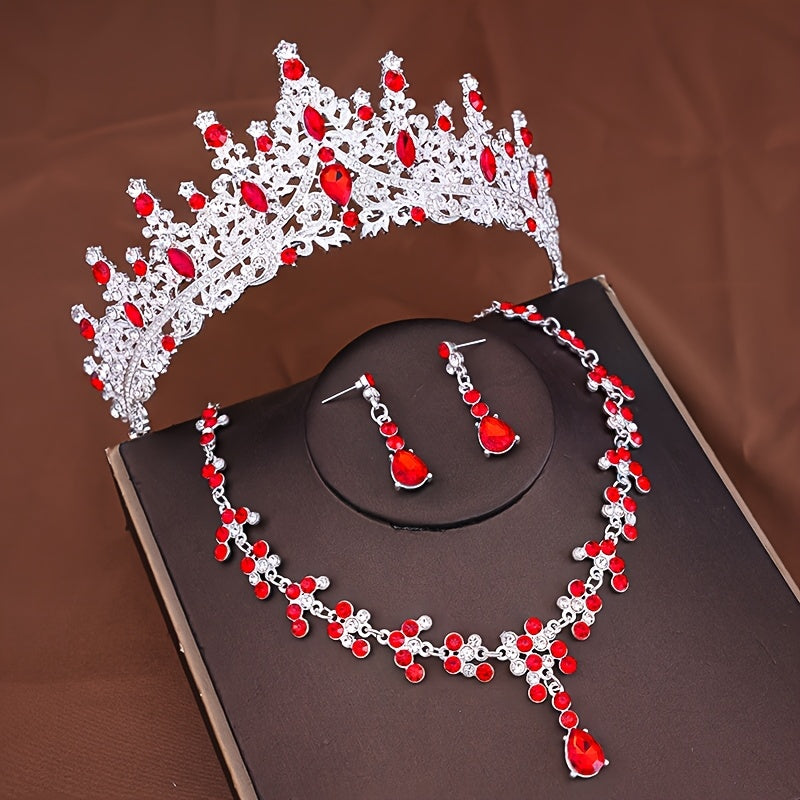 Set Corona Collar Y Aretes 15 Años O Boda - Rojo - Plateado - Set Corona