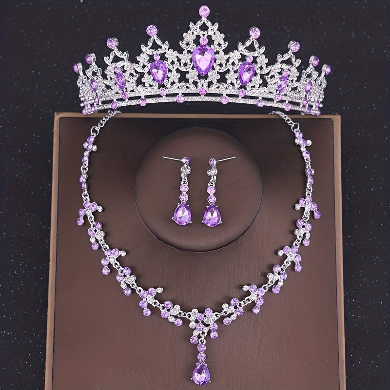 Set Corona 15 Años👑✨Tiara Collar Aretes Elegancia Quinceañera - Lila - plateado - Corona