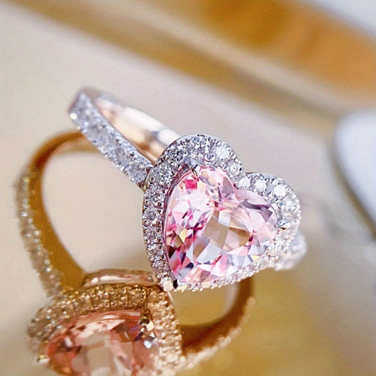 Anillo de Mujer Inoxidable con Circonias y Corazón Rosa