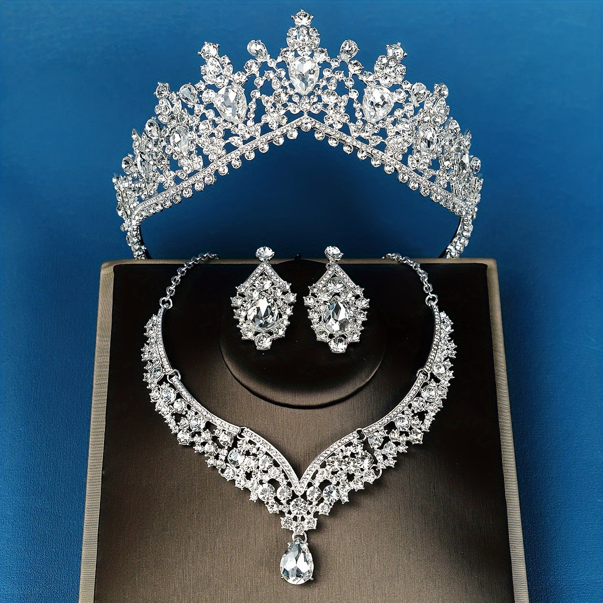 Set Corona Quinceañera👑 Cristal Plateado Tiara Collar Aretes Elegancia - Plateado - Set Corona
