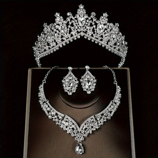 Set Corona Quinceañera👑 Cristal Plateado Tiara Collar Aretes Elegancia - Plateado - Set Corona