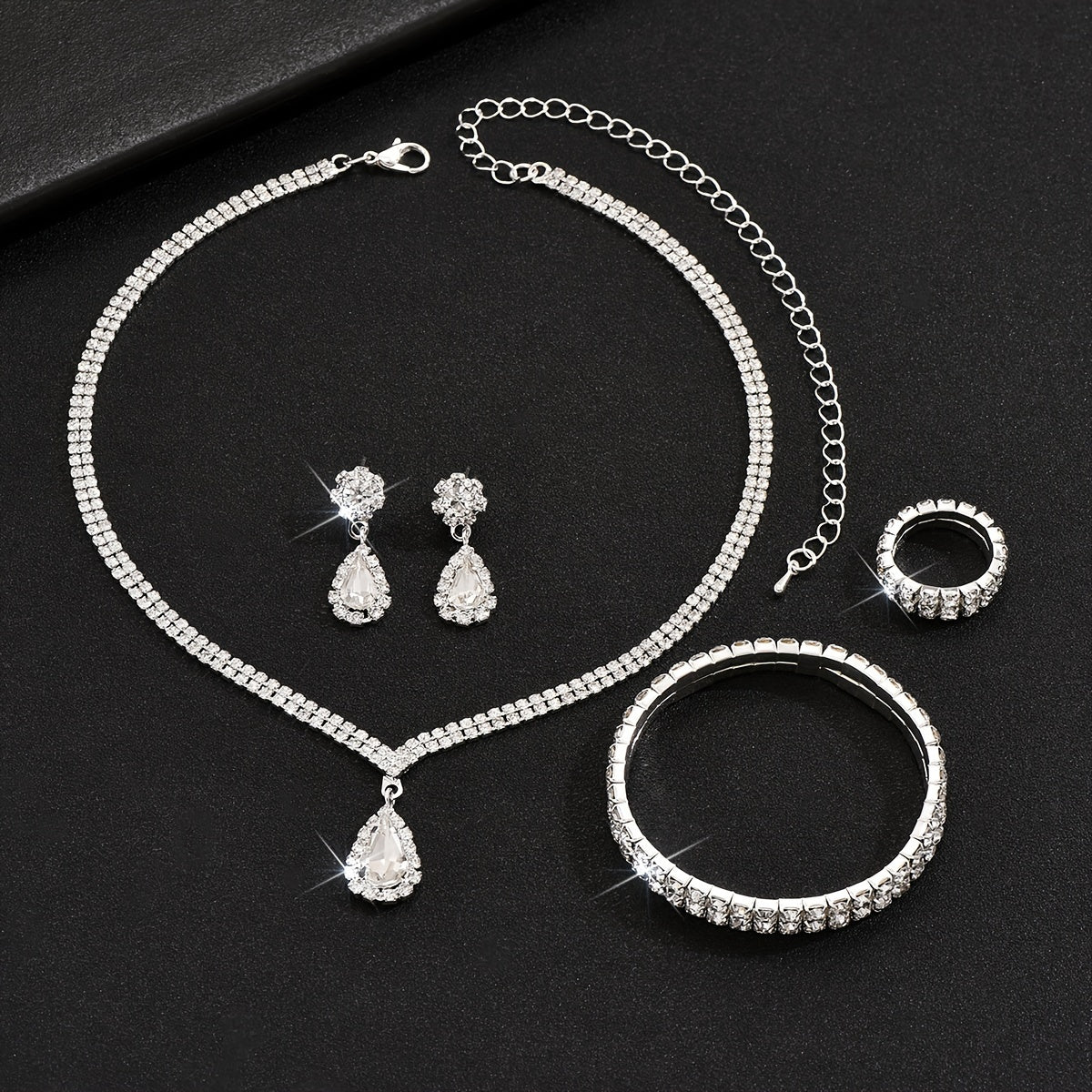 Set Joyería Plateada Minimalista con Cristales – Collar Aretes y Pulsera Elegantes - Collares