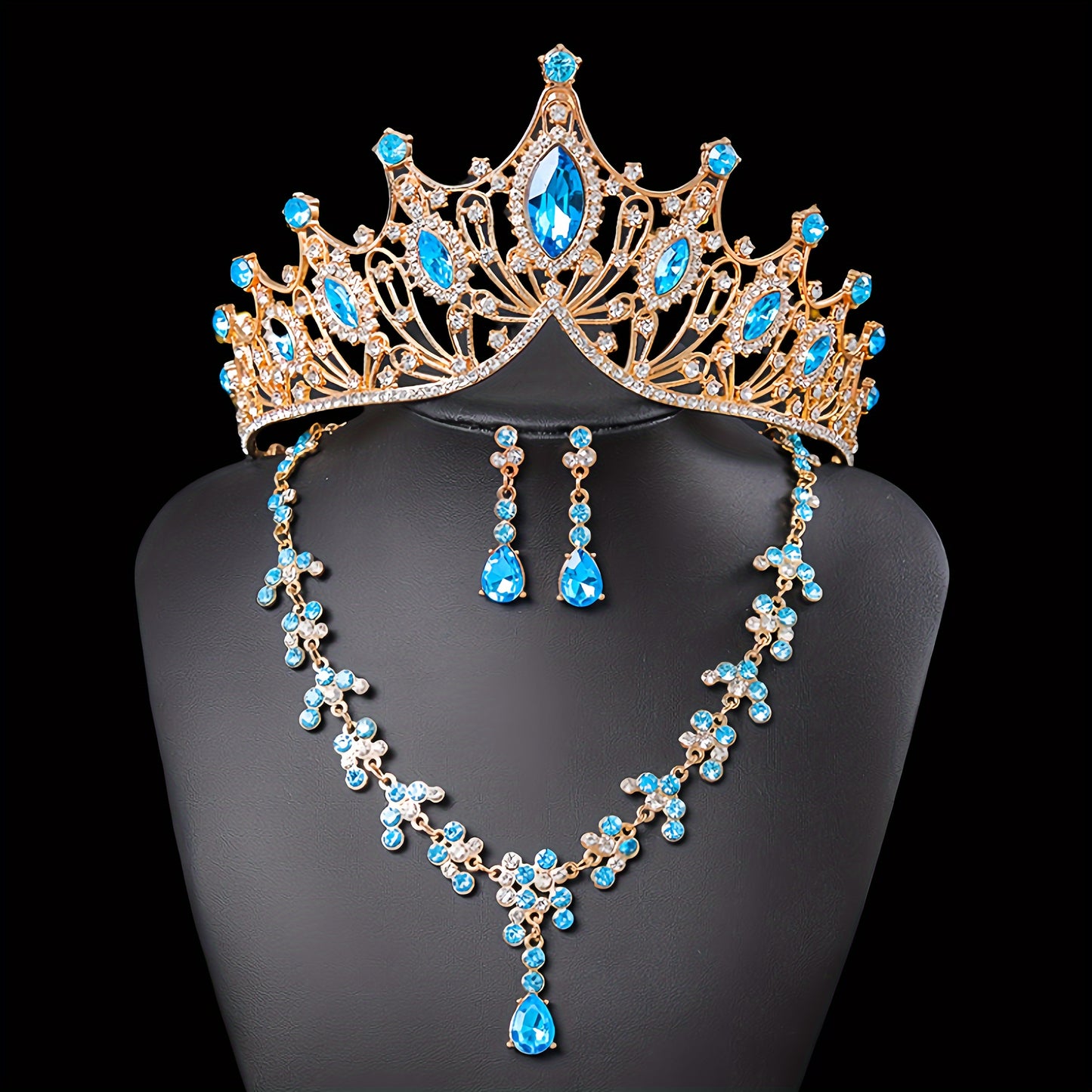 Set Corona Quinceañera👑Tiara Collar Aretes - Azul marino - Set Corona