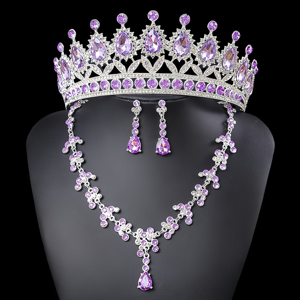 Set Corona Quinceañera👑Elegante Tiara Collar Aretes - Púrpura - Set Corona