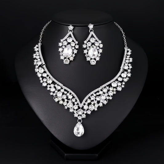 Set Joyería con Collar y Aretes de Cristales Blancos – Elegancia Clásica para Eventos - Collares