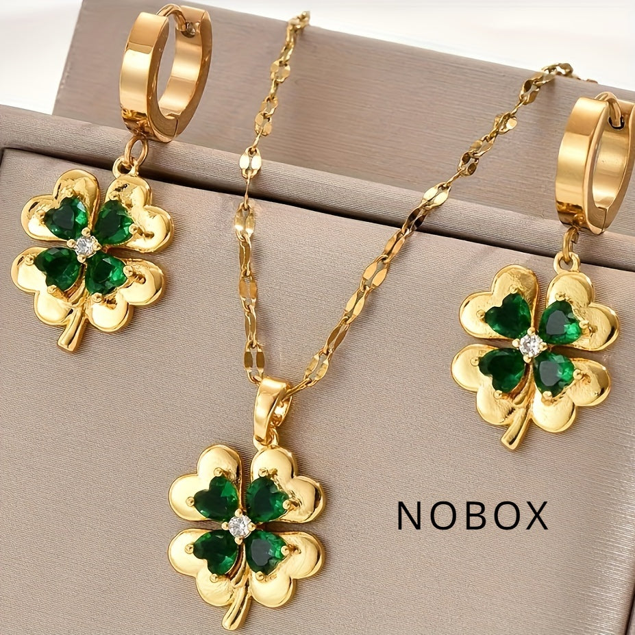 Set Joyería Dorada con Tréboles y Cristales Verdes – Collar y Aretes Elegantes - Collares