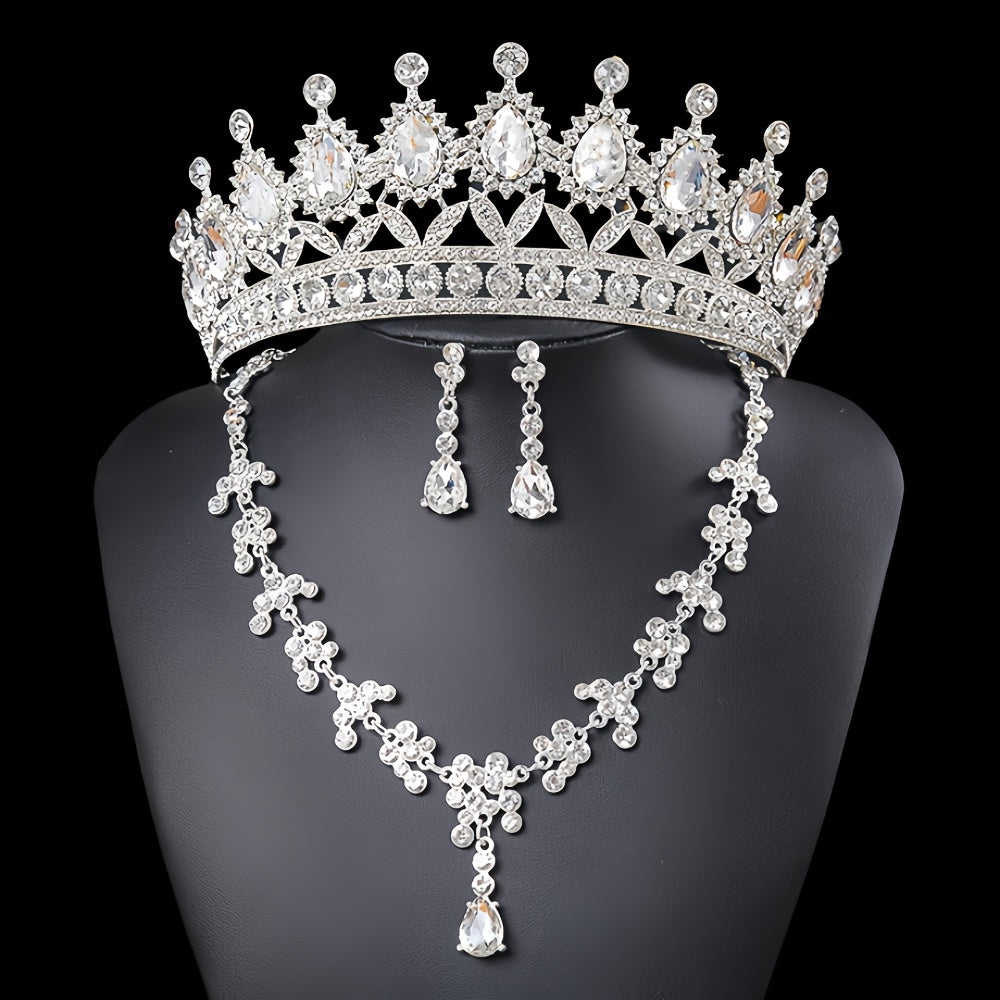 Set Corona Quinceañera👑Elegante Tiara Collar Aretes - Plateado - Set Corona