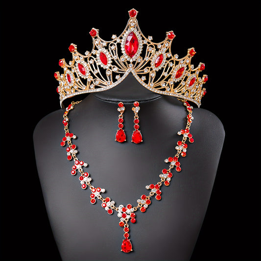 Set Corona Quinceañera👑Tiara Collar Aretes - Rojo - Set Corona