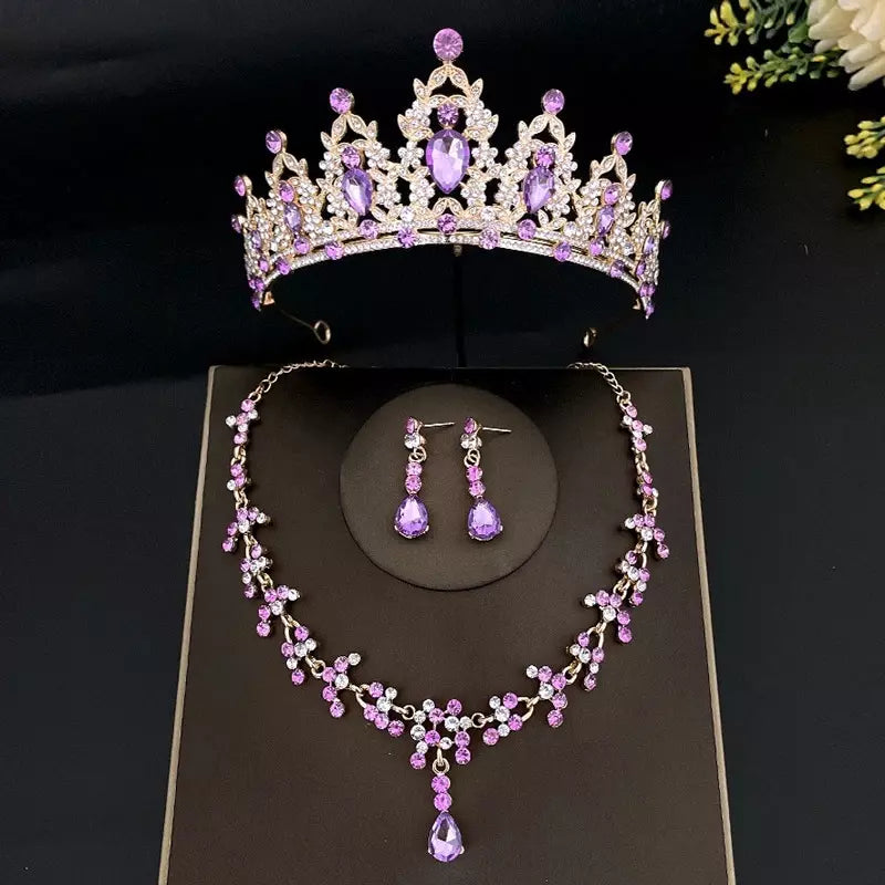 Conjunto De Collar Aretes y Tiara 3 Piezas - Lila