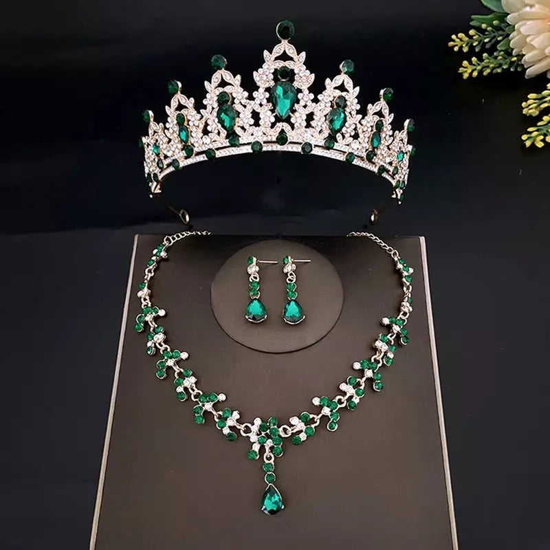 Conjunto De Collar Aretes y Tiara 3 Piezas - Verde oscuro