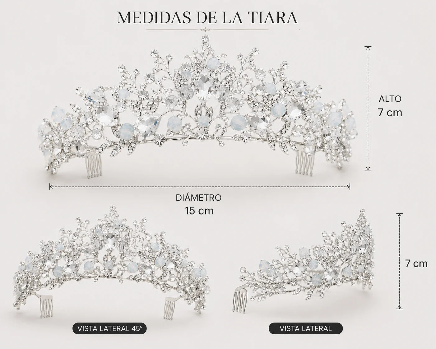 Set de Tiara, Collar y Aretes Realeza Plateado