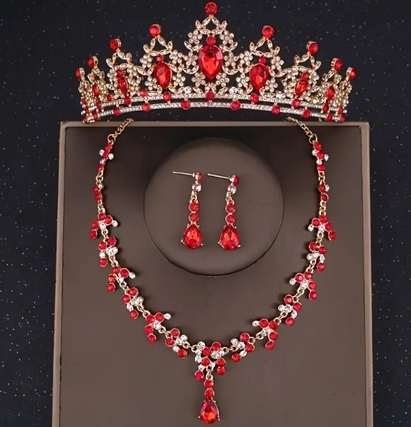 Set Corona 15 Años👑✨Tiara Collar Aretes Elegancia Quinceañera - Rojo - Corona