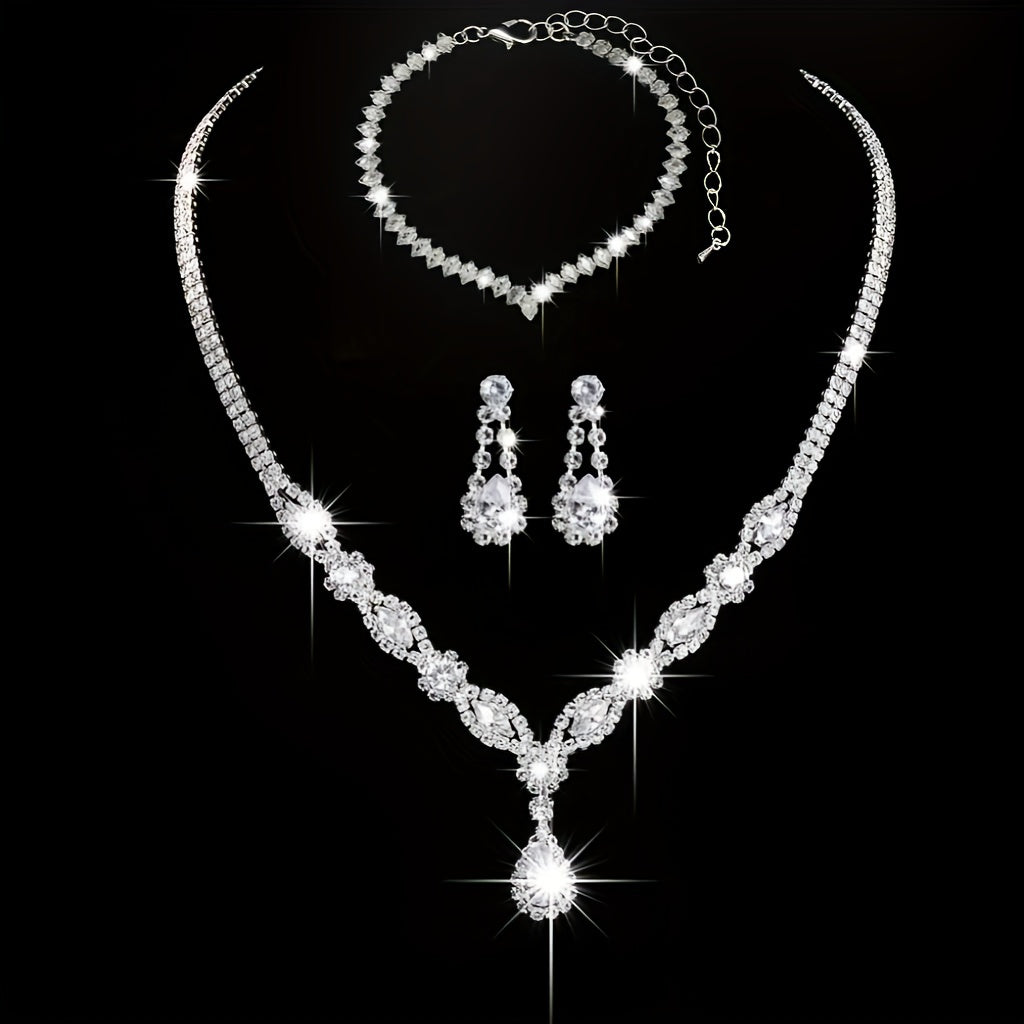 Set Joyería con Cristales Plateados – Collar Pulsera y Aretes Elegantes - Plateado - Collares