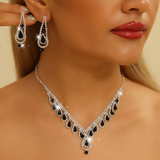 Set Collar y Aretes con Gotas Negras y Cristales Brillantes – Joyería Elegante para Eventos - Collares