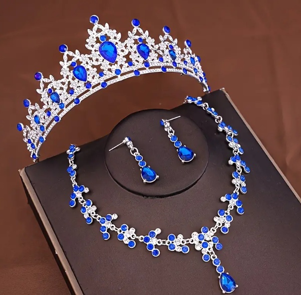 Set Corona 15 Años👑✨Tiara Collar Aretes Elegancia Quinceañera - Azul rey - Corona
