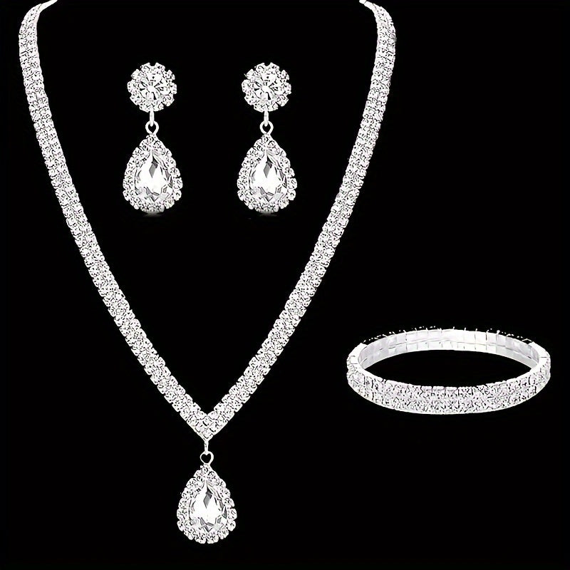 Set Joyería Clásica Plateada con Cristales – Collar Aretes y Pulsera Elegantes - Collares