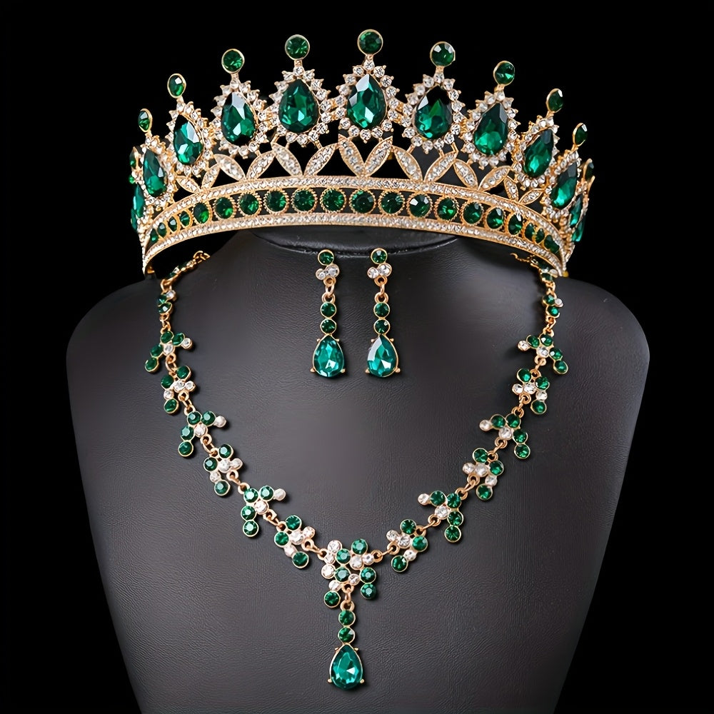 Set Corona Quinceañera👑Elegante Tiara Collar Aretes - Verde - Set Corona