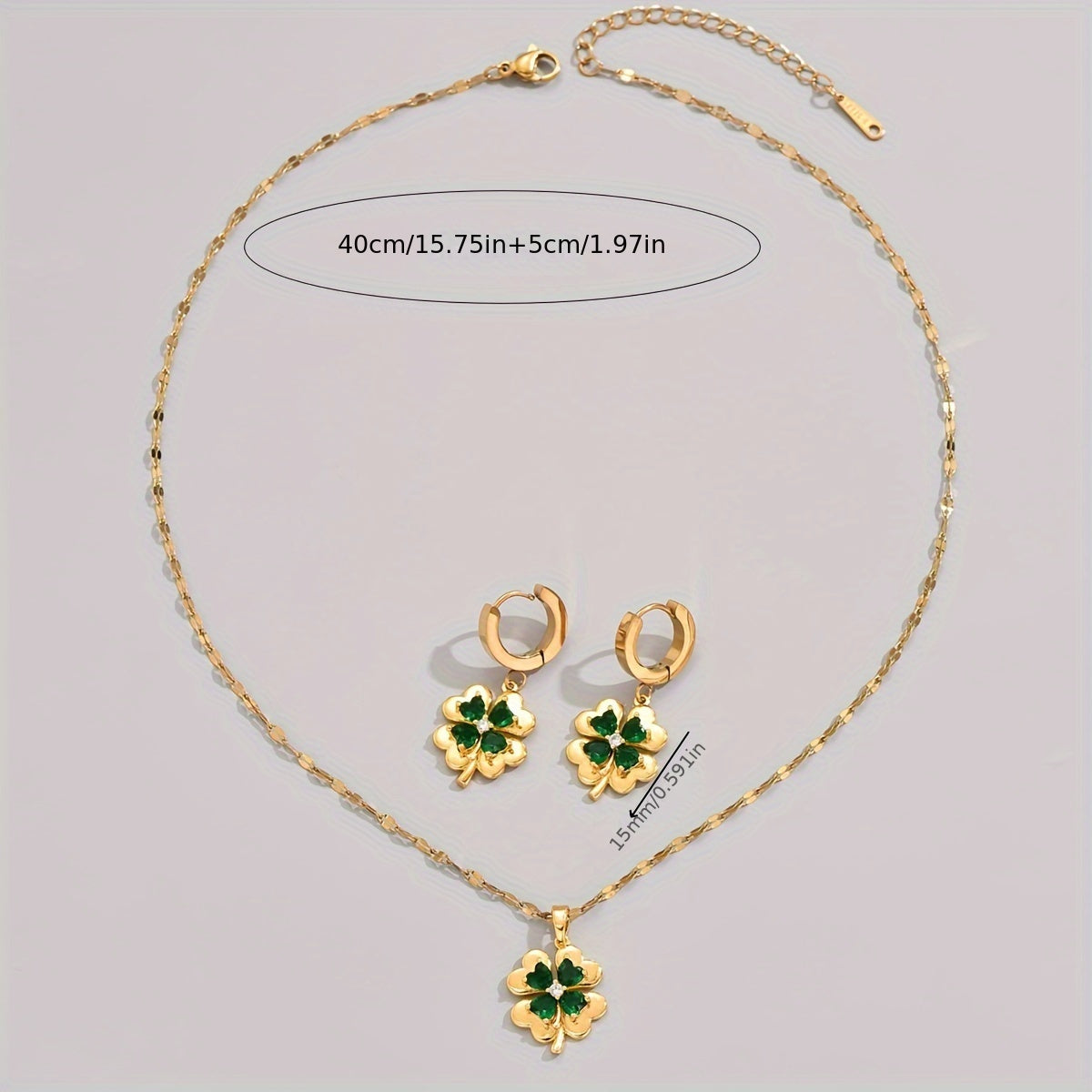 Set Joyería Dorada con Tréboles y Cristales Verdes – Collar y Aretes Elegantes - Collares