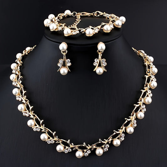 Set Joyería Dorada con Perlas y Cristales – Collar Aretes y Pulsera Elegantes - Collares
