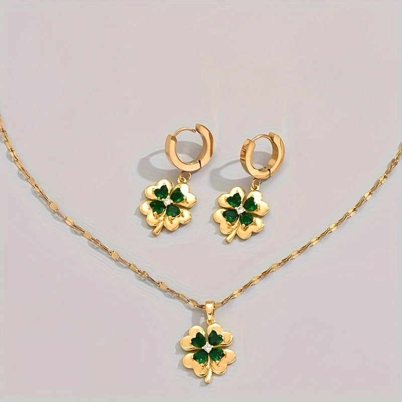 Set Joyería Dorada con Tréboles y Cristales Verdes – Collar y Aretes Elegantes - Collares