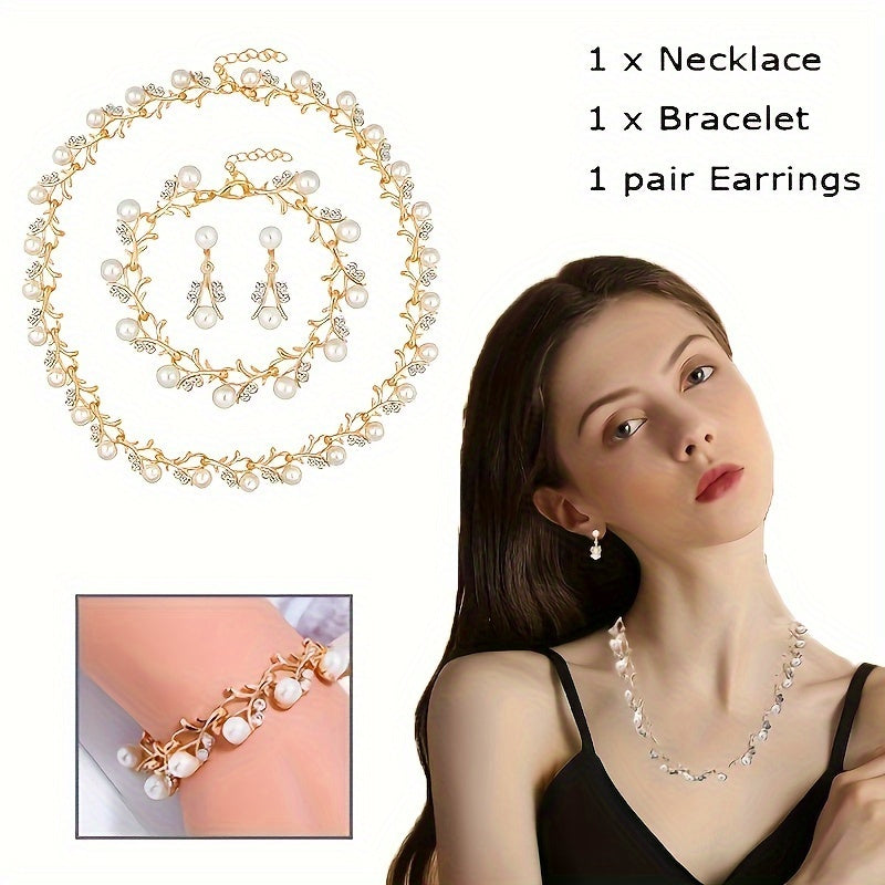 Set Joyería Dorada con Perlas y Cristales – Collar Aretes y Pulsera Elegantes - Collares