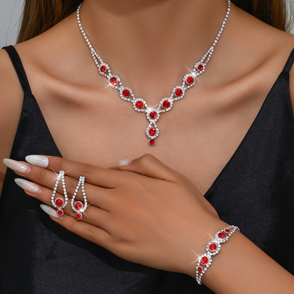 Set Joyería con Cristales Plateados – Collar Pulsera y Aretes Elegantes - Rojo - Collares