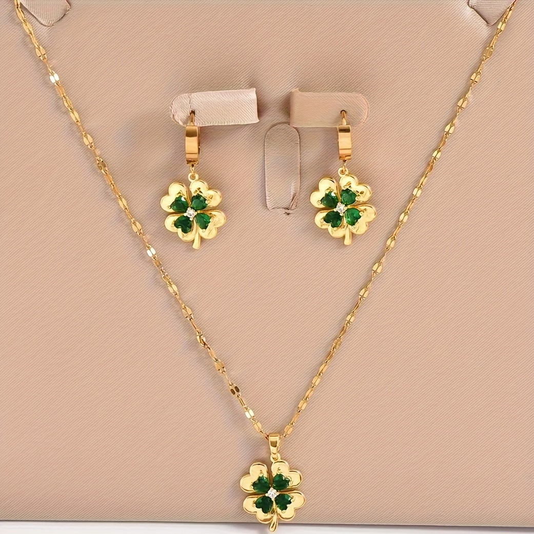 Set Joyería Dorada con Tréboles y Cristales Verdes – Collar y Aretes Elegantes - Collares