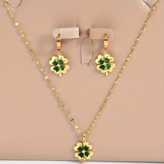 Set Joyería Dorada con Tréboles y Cristales Verdes – Collar y Aretes Elegantes - Collares