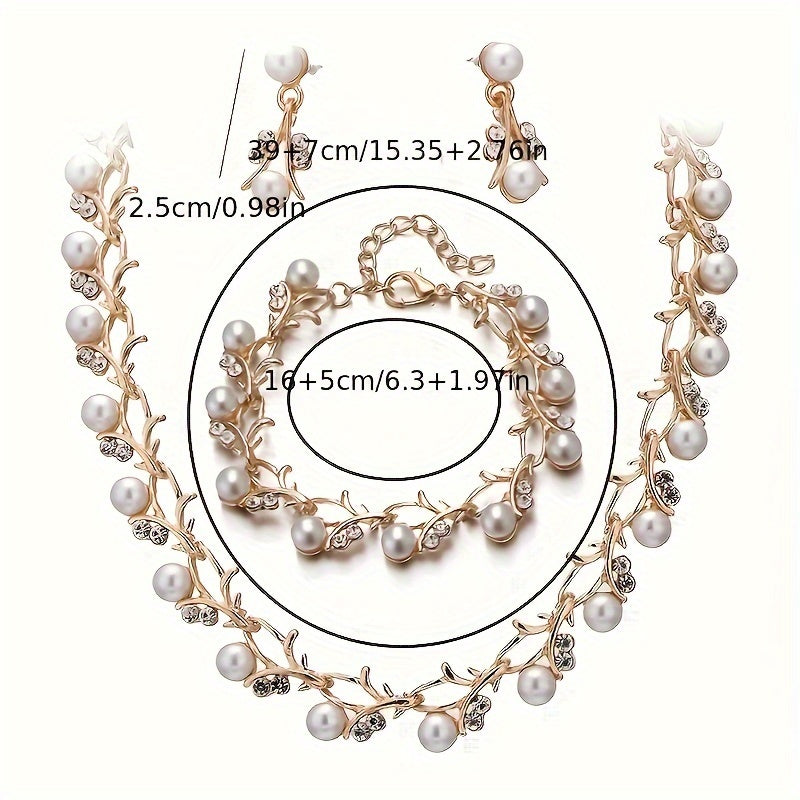 Set Joyería Dorada con Perlas y Cristales – Collar Aretes y Pulsera Elegantes - Collares