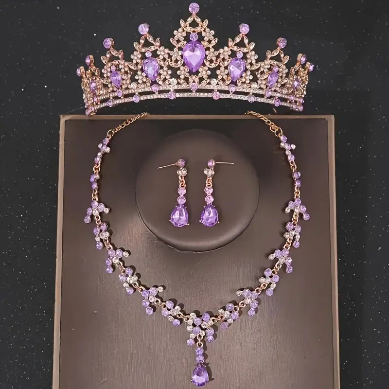 Set Corona 15 Años👑✨Tiara Collar Aretes Elegancia Quinceañera - Púrpura - Corona