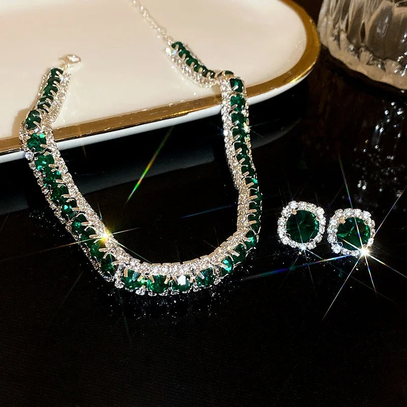 Set Collar y Aretes Verde Esmeralda con Cristales – Joyería Fina para Eventos y Bodas - Collares