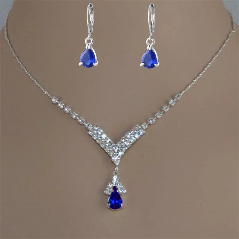 Set Collar y Aretes con Cristales Azul y Rojo – Joyería Elegante para Eventos y Bodas - Azul - Collares
