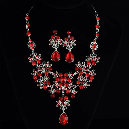 Set Joyería con Collar y Aretes de Cristales Blancos – Elegancia Atemporal para Eventos - Rojo - Collares