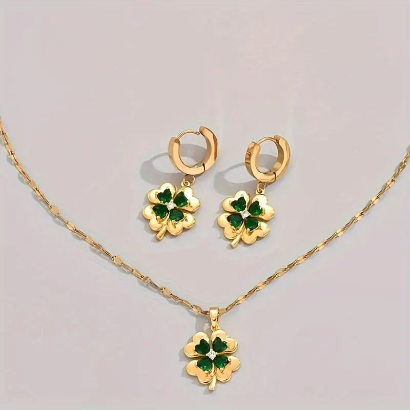 Set joyería dorada tréboles cristales verdes Colombia