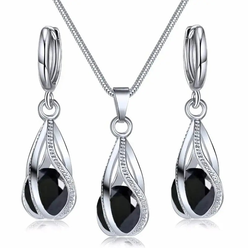 Set joyería collar aretes plateado azul negro Colombia
