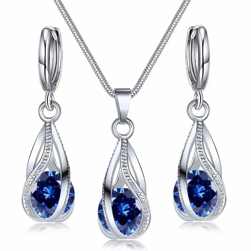 Set joyería collar aretes plateado azul negro Colombia