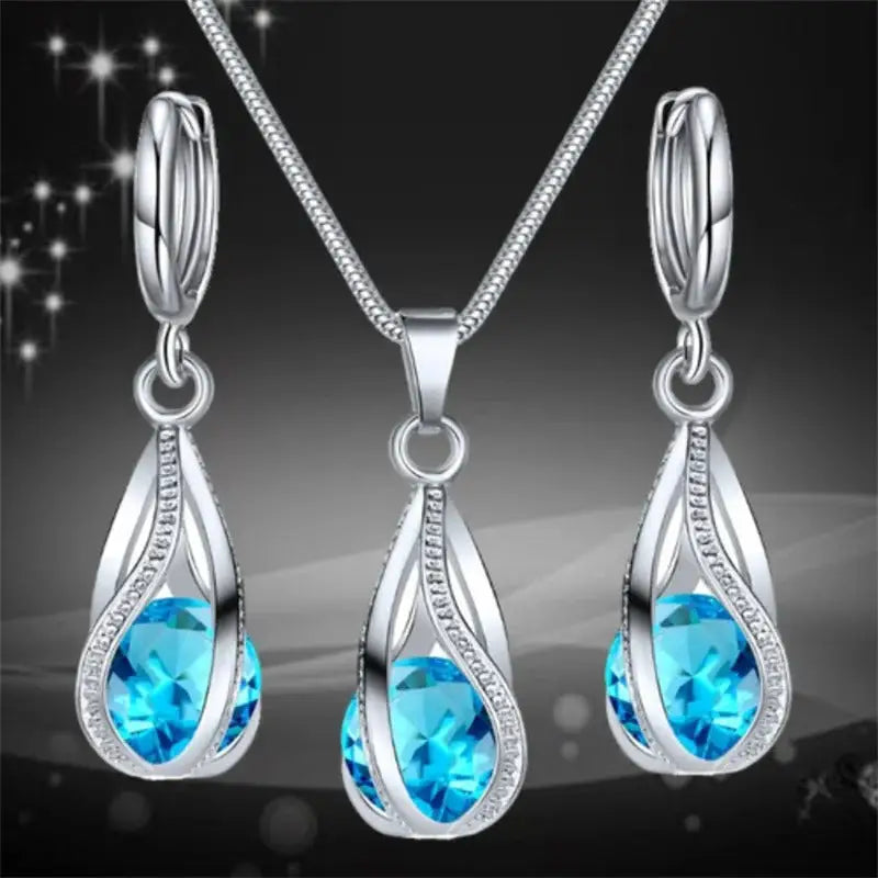 Set joyería collar aretes plateado azul negro Colombia