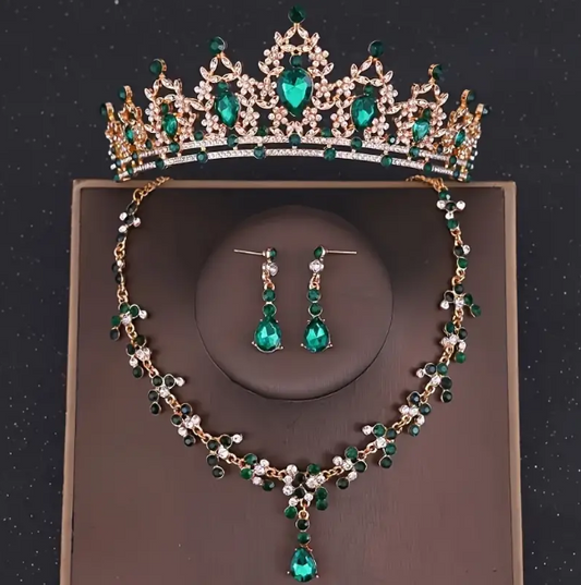 Set Corona 15 Años👑✨Tiara Collar Aretes Elegancia Quinceañera - Verde Oscuro - Corona